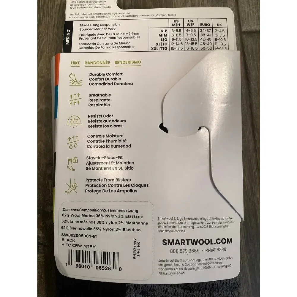 Smartwool Unisex Medium Black Hike Full Cushion Hiking Outdoor Crew Socks B20-6